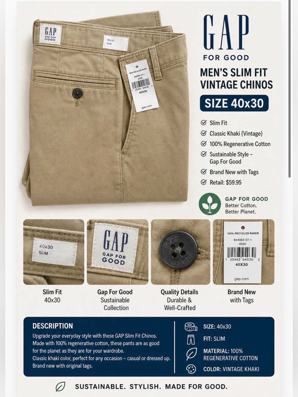 GAP Slim Fit Vintage Khaki Chinos 40x30 NWT Big & Tall Plus Classic Casual Pants